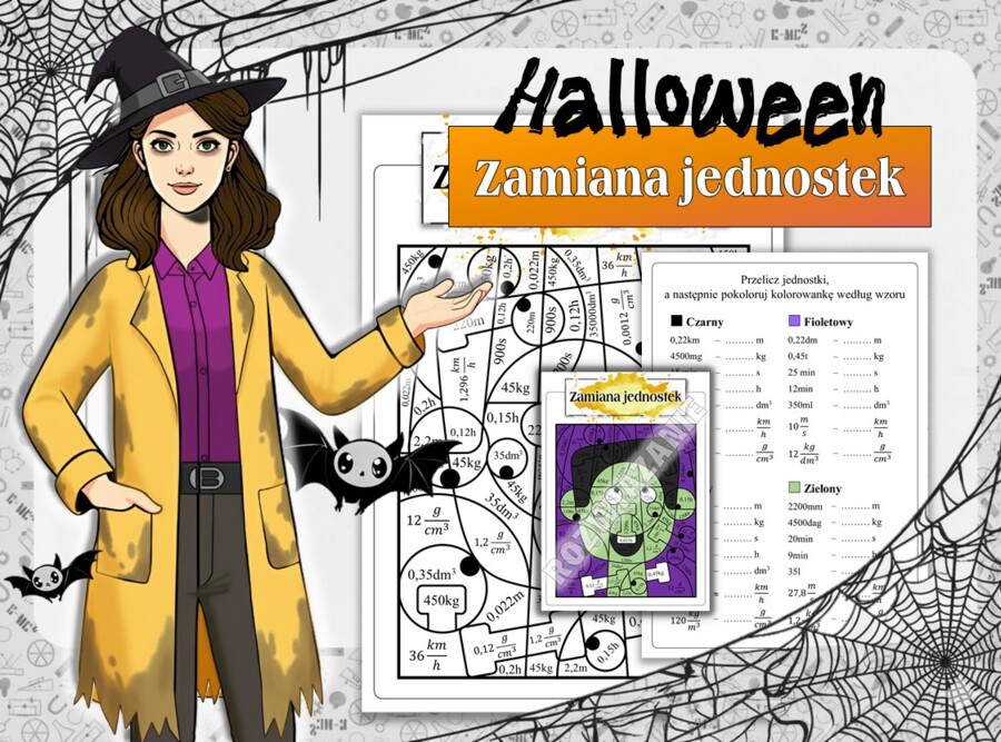 Klasa 7. Klasa 8. Fizyka. Zamiana jednostek. Halloween. Fizyczna kolorowanka. Karta pracy. Zadanie.