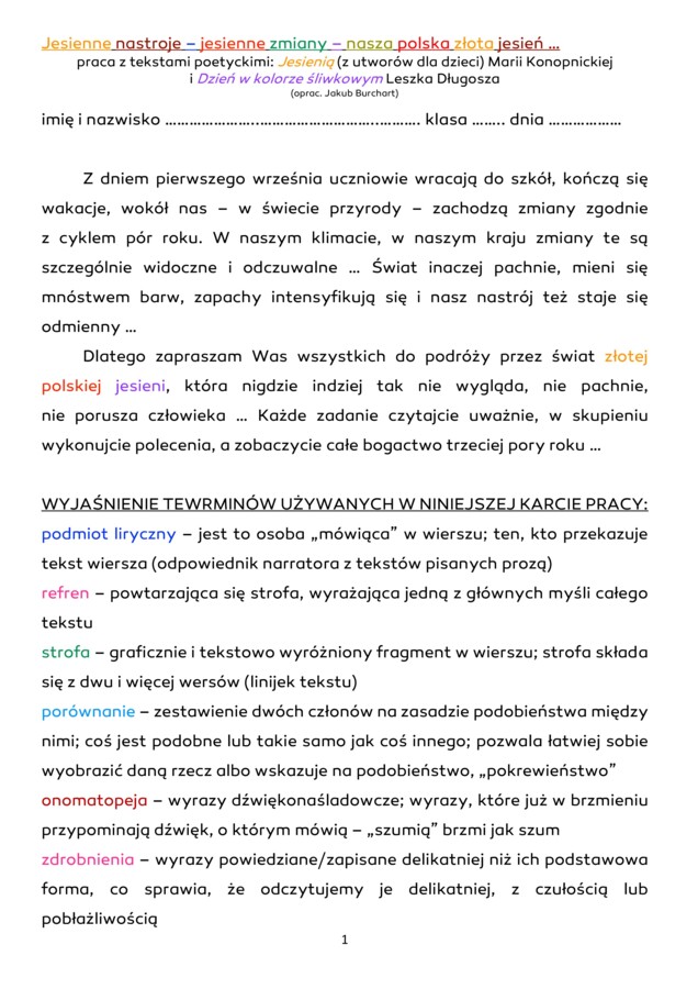 Jesień - jesienne nastroje w wierszach Marii Konopnickiej "Jesienią" i Leszka Długosza "Dzień w kolorze śliwkowym".