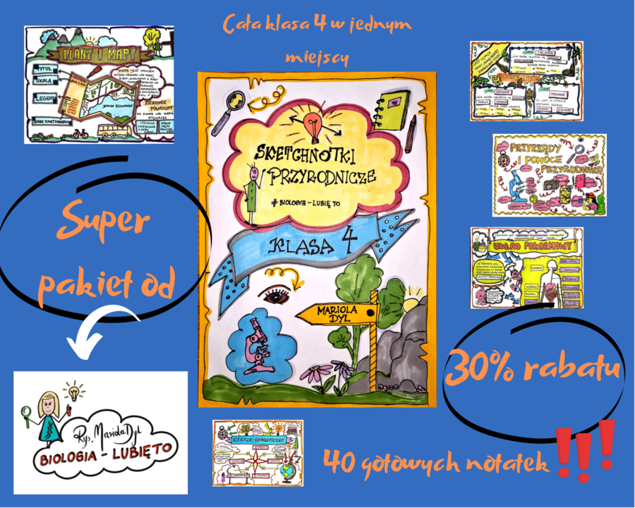 Pakiet materiałów z przyrody do klasy 4, cały rok w jednym zestawie (40 kolorowych notatek, sketchnotek dla ucznia)