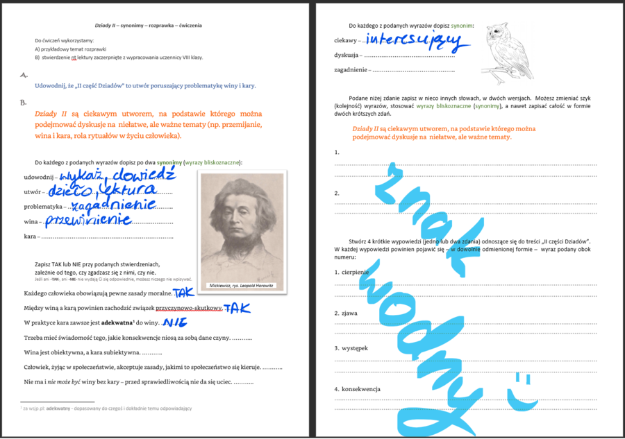 II część Dziadów - słownictwo, rozprawka