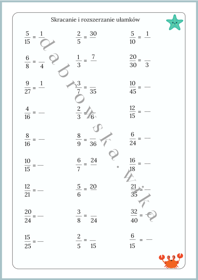 Skracanie i rozszerzanie ułamków - karta pracy