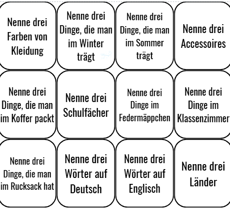 Nenne drei .... - gra w j niemieckim - rozgrzewka, utrwalenie słownictwa, przerwa,