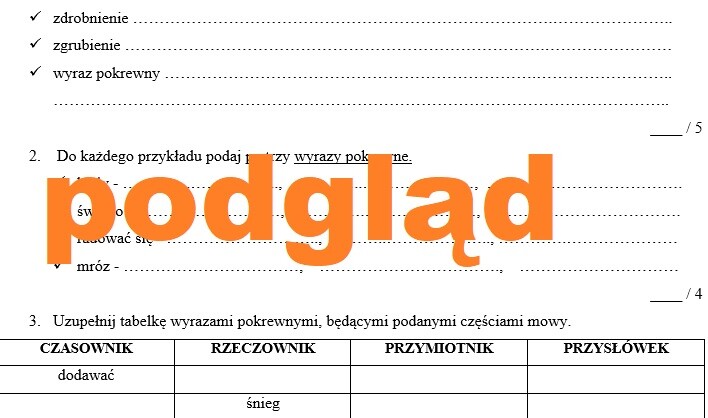 Zasoby słownictwa - sprawdzian (synonimy, antonimy, zdrobnienia, zgrubienia, wyrazy pokrewne, rodzina wyrazów)