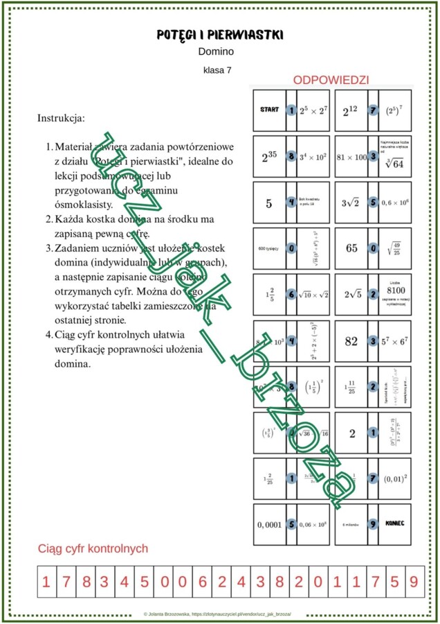 Potęgi i pierwiastki, powtórzenie wiadomości, domino, klasa 7
