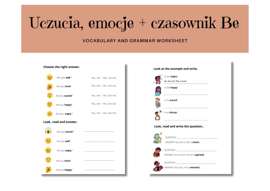 Karty pracy: uczucia i emocje, czasownik Be ( I am, I am not, Are you ...? Is she/he ...?, She/He is, She/ He isn't, Zaimek He, She
