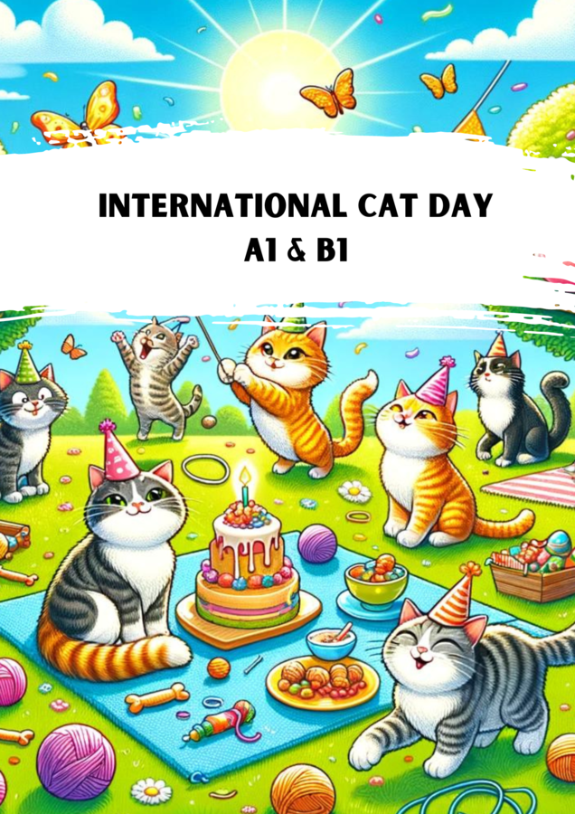 International Cat Day Poziom A1 dla dzieci oraz B1 Karty pracy Gotowa lekcja Worksheet
