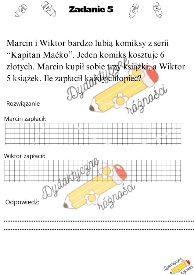 Mnożenie w zakresie 50. Zadania z treścią w wersji normalnej i rozbudowanej dla uczniów szybciej pracujących.