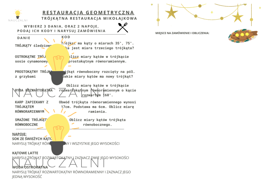 Mikołajkowa karta pracy - restauracja geometryczna o trójkątach - klasa 5