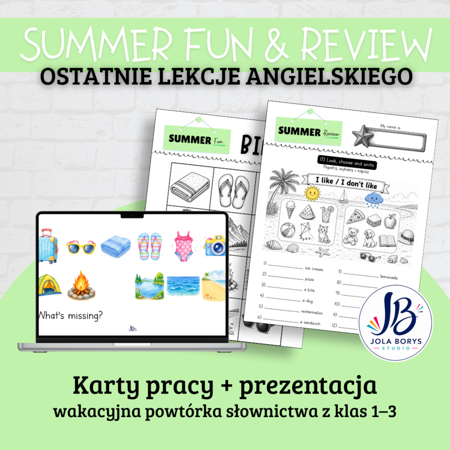 Ostatnie lekcje angielskiego przed wakacjami – Summer Fun & Review | Klasy 1–3 | Karty pracy + prezentacja