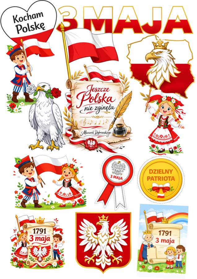 Święto Konstytucji 3 Maja – karty obrazkowe A4 + kotyliony i medale do druku