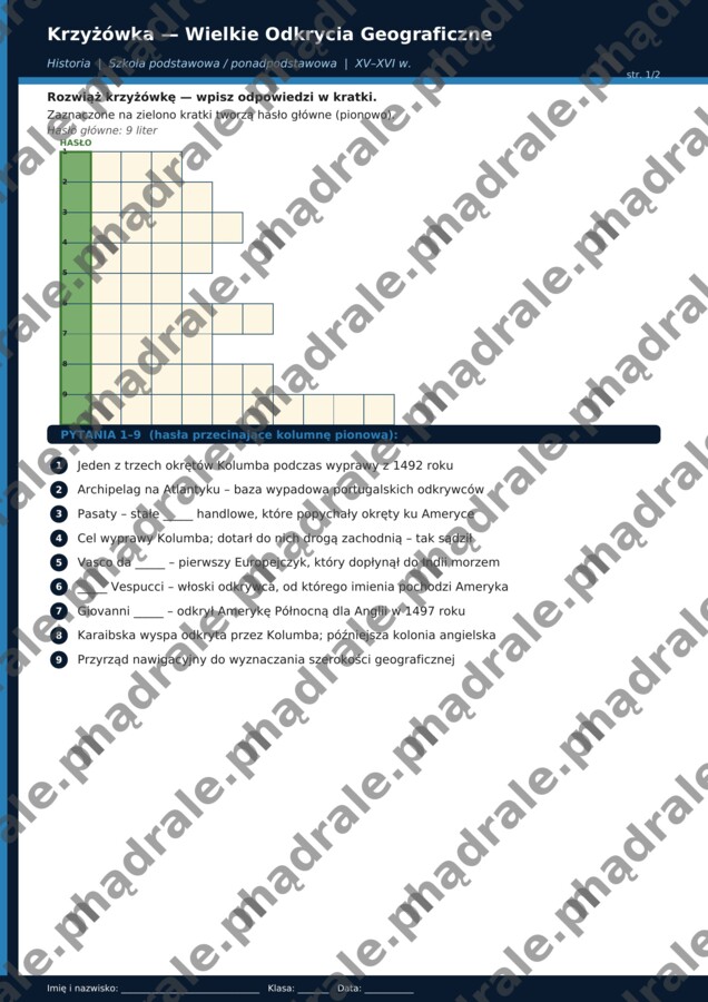KRZYŻÓWKA "WIELKIE ODKRYCIA GEOGRAFICZNE" KARTA PRACY + KLUCZ ODPOWIEDZI