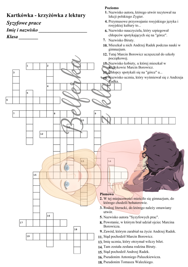 Kartkówka krzyżówka z lektury "Syzyfowe prace"