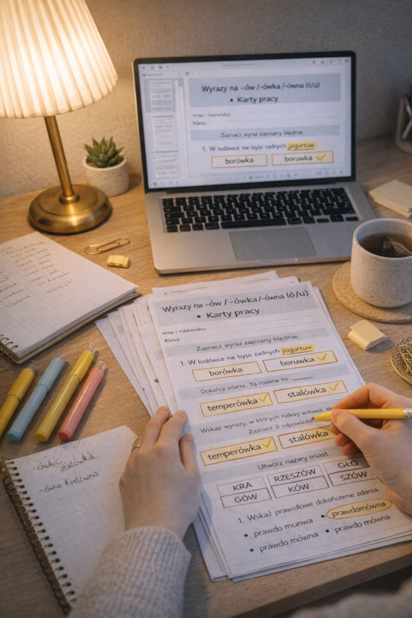 WYRAZY ZAKOŃCZONE NA -ÓW, -ÓWKA, -ÓWNA [Karta pracy, sprawdzian]