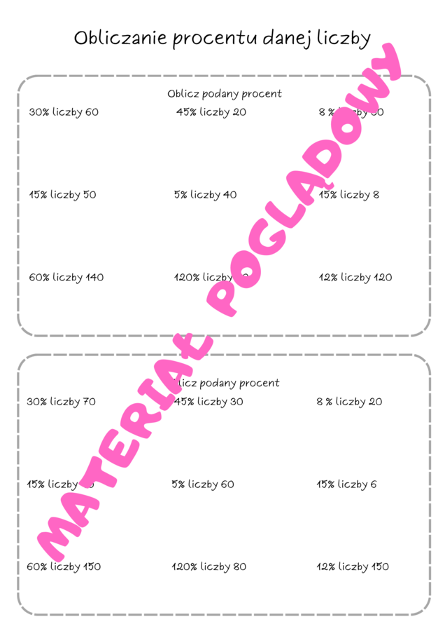 Szybkie karteczki - karty pracy z procentów. Klasa 6. Klasa 7. Klasa 8