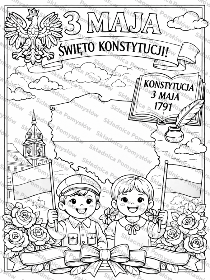 3 MAJA - darmowa kolorowanka A4; ŚWIĘTA MAJOWE; KONSTYTUCJA