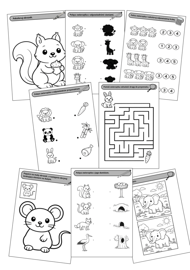 Zabawy ze zwierzętami – 30 kart pracy dla dzieci 3–5 lat (PDF do druku)