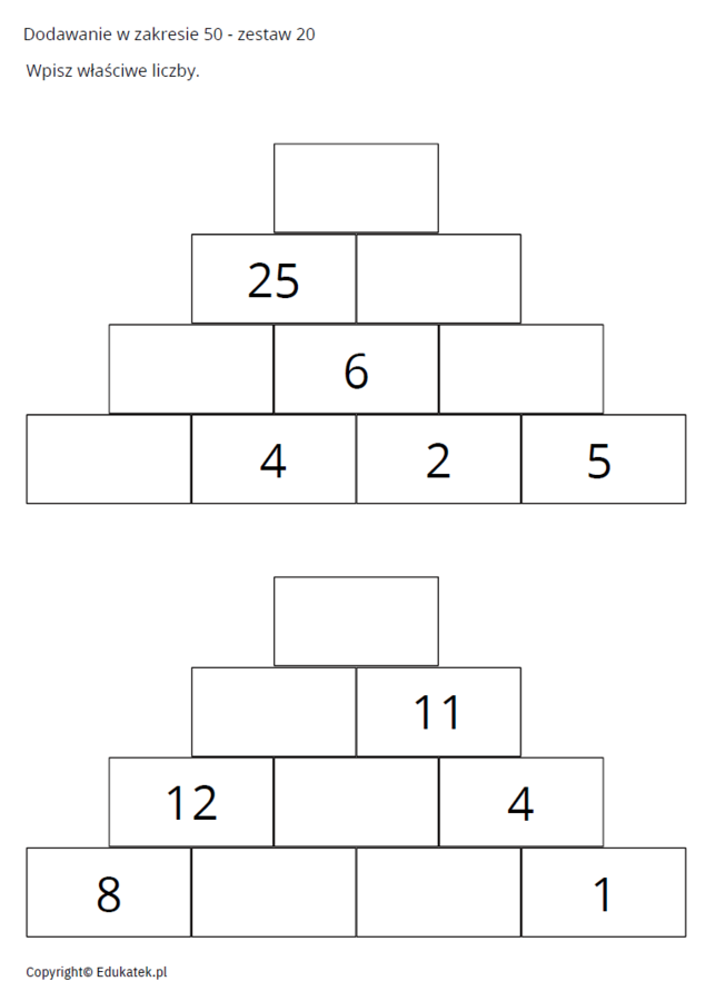 Matematyczne piramidy - doskonalenie dodawania w zakresie 100