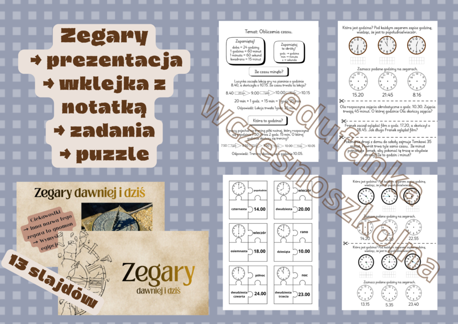 Zegary - zestaw: prezentacja, wklejka, zadania, puzzle