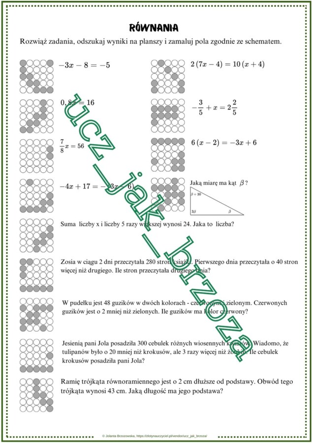 Równania, rozwiązywanie zadań tekstowych za pomocą równań, karta pracy, kodowanie, praca w grupach, klasa 7