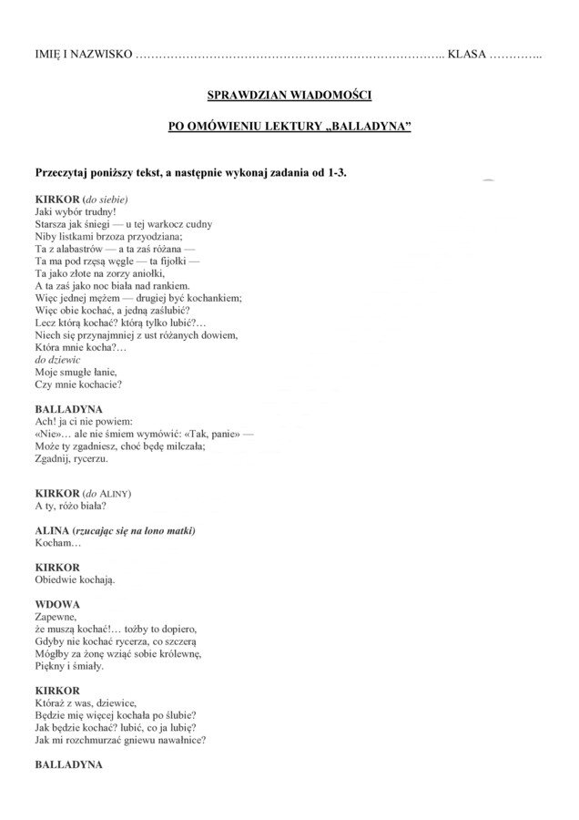 Sprawdzian po omówieniu lektury Balladyna