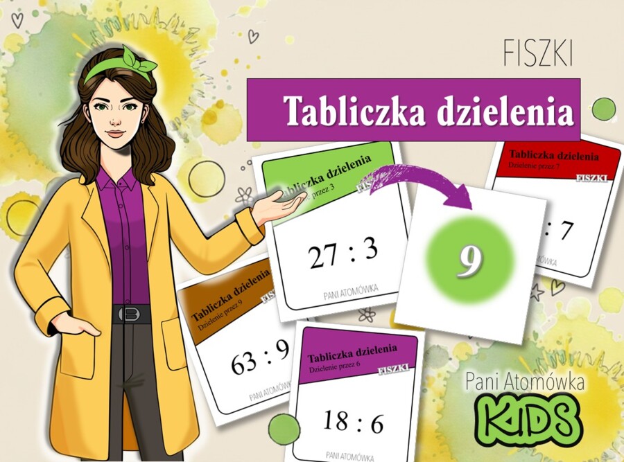 Klasa 2,3. Edukacja matematyczna. Tabliczka dzielenia. Fiszki wspomagające naukę tabliczki dzielenia. Pani Atomówka KIDS.