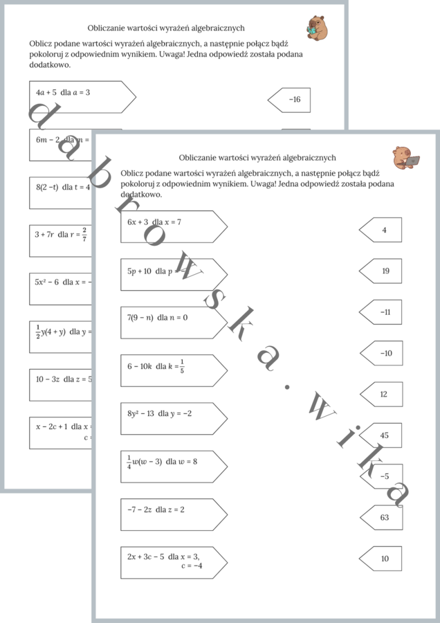 Obliczanie wartości wyrażeń algebraicznych - połącz bądź pokoloruj