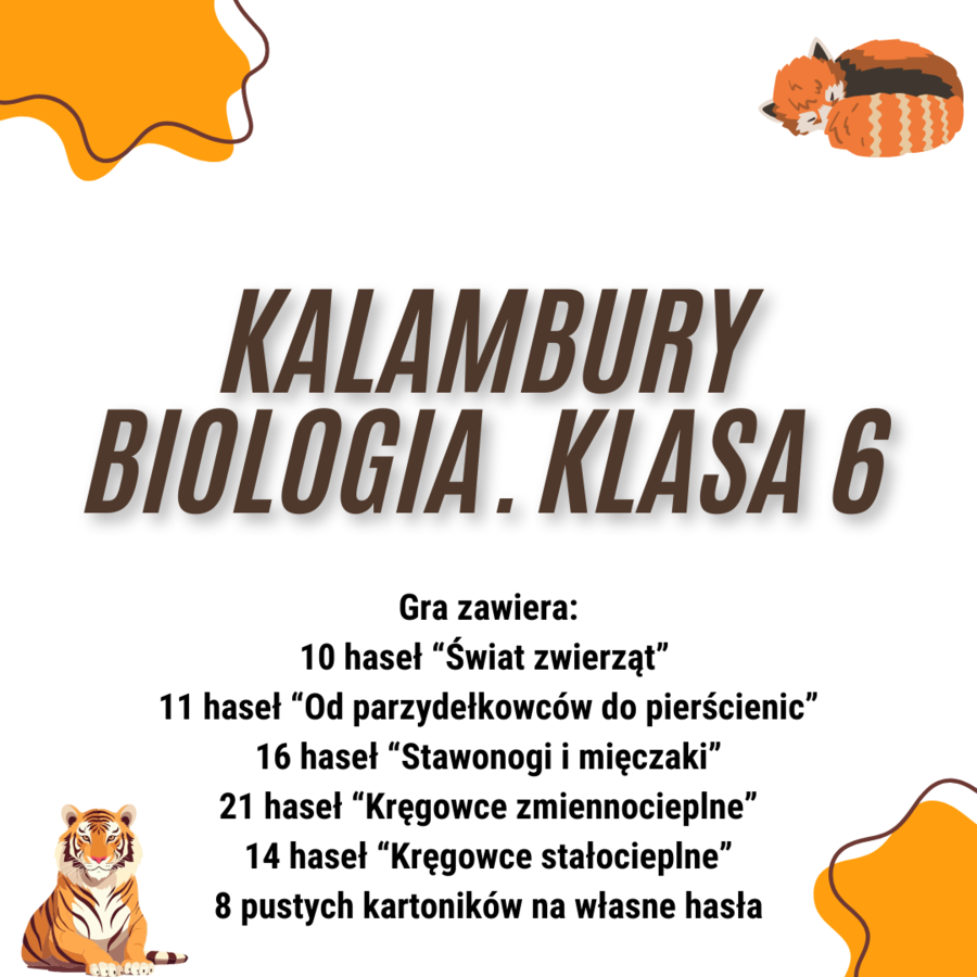 Biologia. Klasa 6. Kalambury. Gra edukacyjna. 72 hasła/pojęcia pochodzące z różnych działów.