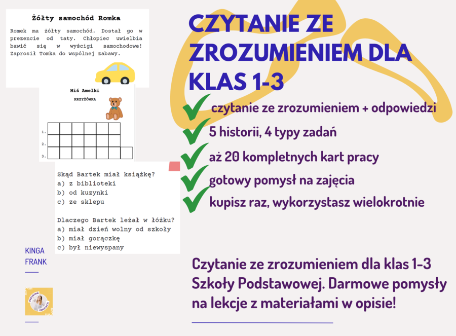 Czytanie ze zrozumieniem + 20 kart pracy dla klas 1-3