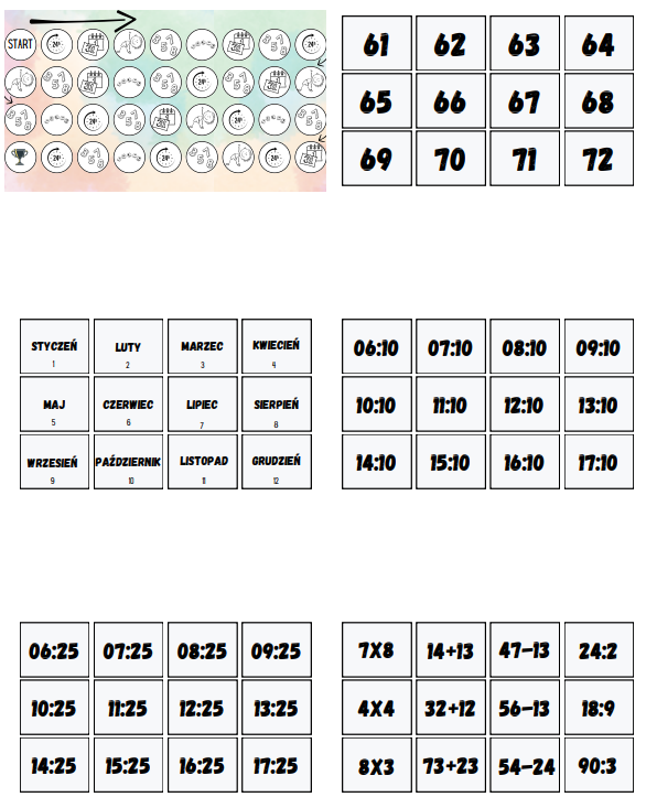 Uniwersalna gra planszowa / stacje zadaniowe z wykorzystaniem zadań z matematyki - ćwiczenie liczebników, określania godzin, działań matematycznych - języki obce, klasy 1-6