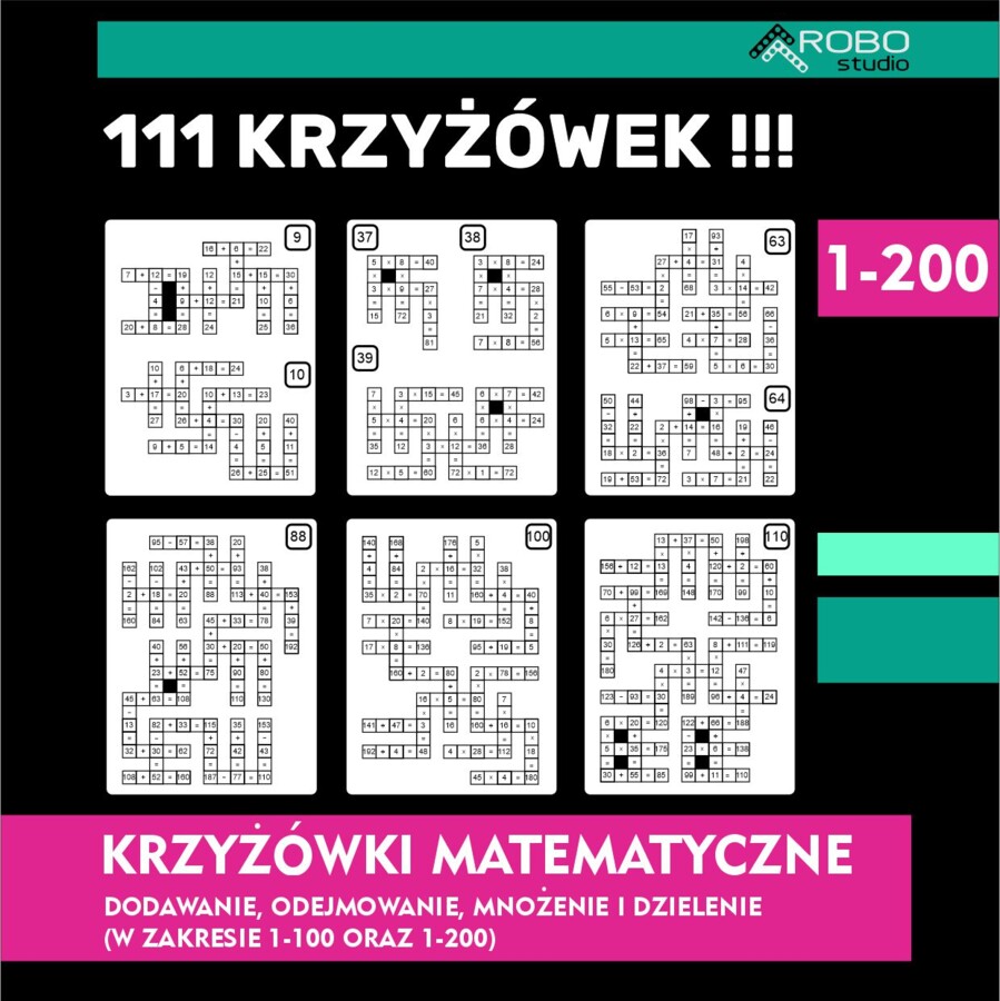 Krzyżówki matematyczne- zestaw 111 sztuk! Dodawanie, odejmowanie, mnożenie, dzielenie, tabliczka mnożenia