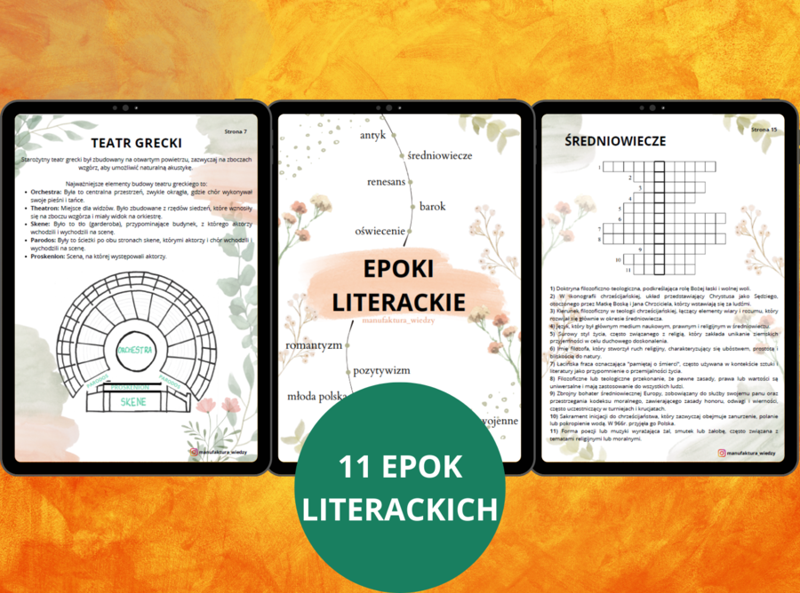 Notatki "Epoki literackie" - matura, język polski - pdf - antyk, średniowiecze, renesans, barok, oświecenie, romantyzm, pozytywizm, młoda polska, dwudziestolecie międzywojenne, wojna i okupacja, współczesność