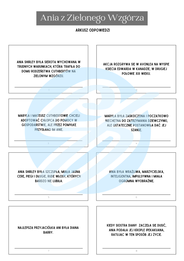 Ania z Zielonego Wzgórza – Pytania i Odpowiedzi | Interaktywne karty do lektury