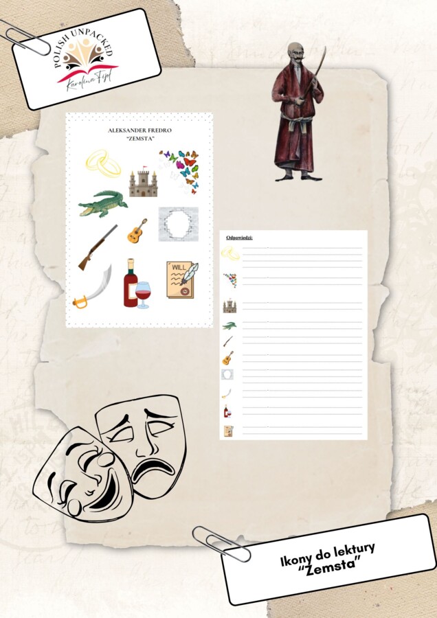 Ikony (obrazki) do lektury "Zemsta" Aleksandra Fredry, język polski, egzamin ósmoklasisty, lektura obowiązkowa klasa 7-8