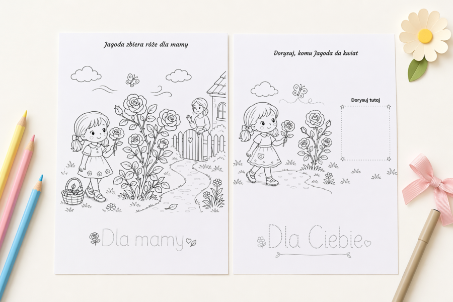 Kolorowanka „Jagoda zbiera róże dla mamy”