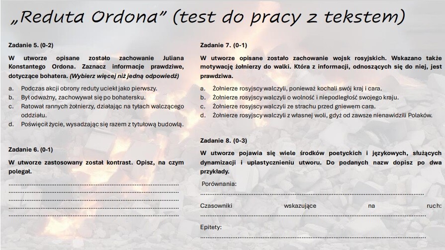 Zestaw testów powtórzeniowych/wprowadzających "Śmierć Pułkownika", "Reduta Ordona", "Świtezianka"