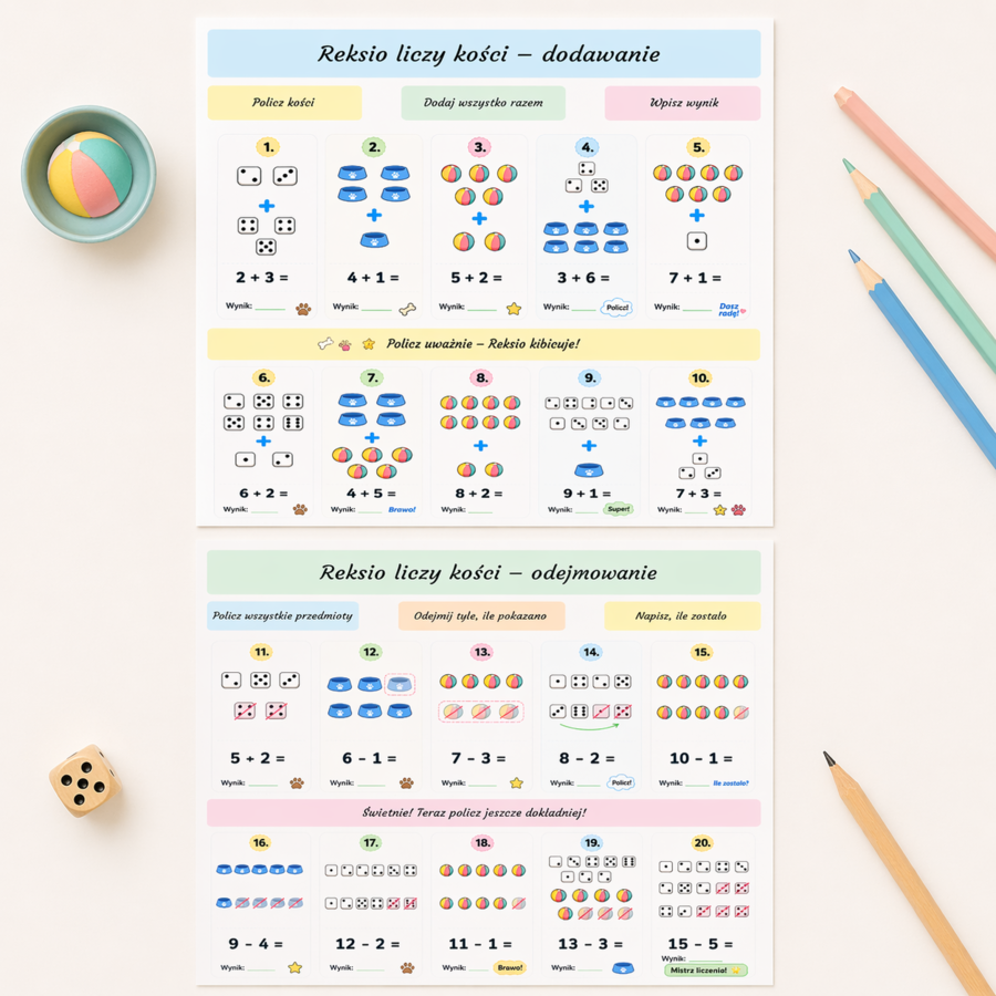 Reksio liczy kości – karta matematyczna