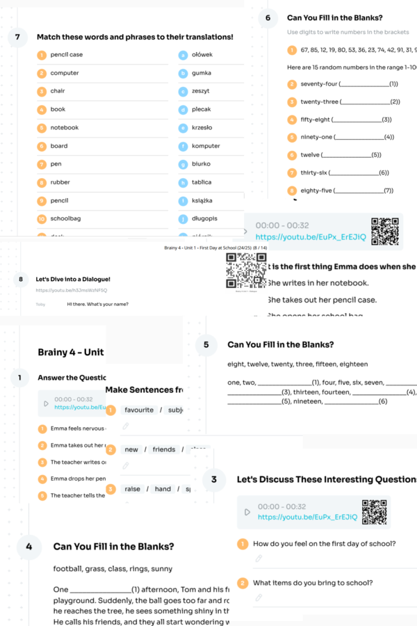 Brainy 4 - Unit 1 - karta pracy - First Day at School (24/25) - numbers, school objects - Krzyżówka GRATIS
