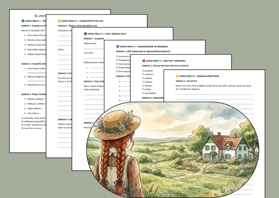 ANIA Z ZIELONEGO WZGÓRZA - zestaw 6 kart pracy + odpowiedzi