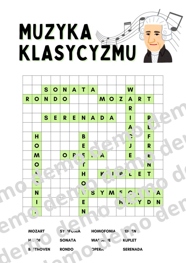 Muzyka, klasa 4-5. Muzyka klasycyzmu. Karta pracy: wykreślanka.