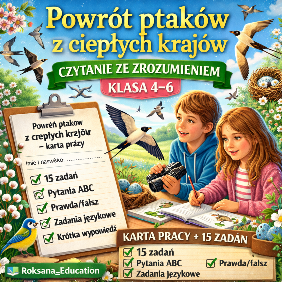 🐦 Powrót ptaków z ciepłych krajów – czytanie ze zrozumieniem (klasa 4–6) | karta pracy + 15 zadań