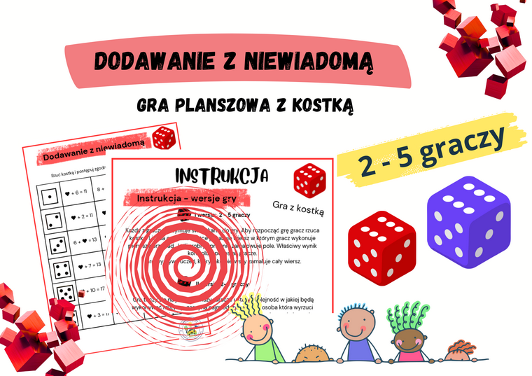 Dodawanie z niewiadomą (do 20) - gra planszowa z kostką