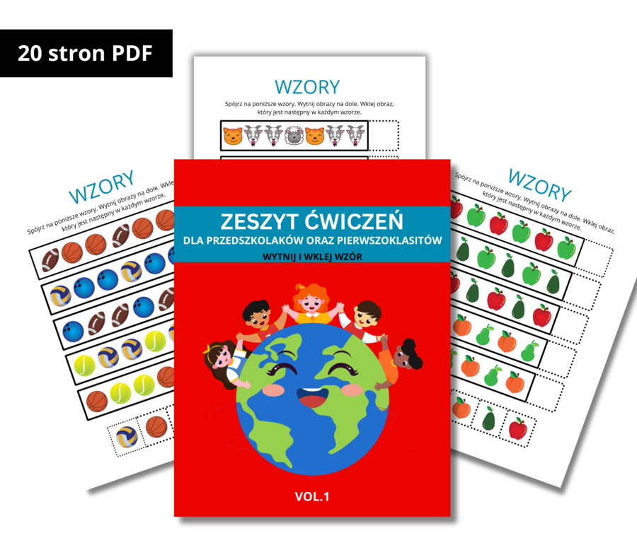 ZESZYT ĆWICZEŃ - WYTNIJ I WKLEJ WZÓR.20 STRON ĆWICZEŃ DLA PRZEDSZKOLAKÓW I PIERWSZOKLASISTÓW