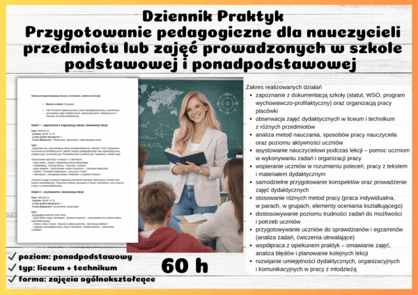 Dziennik Praktyk Przygotowanie Pedagogiczne 60 h liceum/technikum