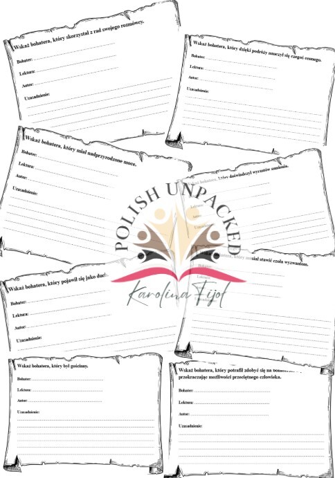 42 karty "Wskaż bohatera, który...", powtórki egzamin ósmoklasisty, lektury obowiązkowe