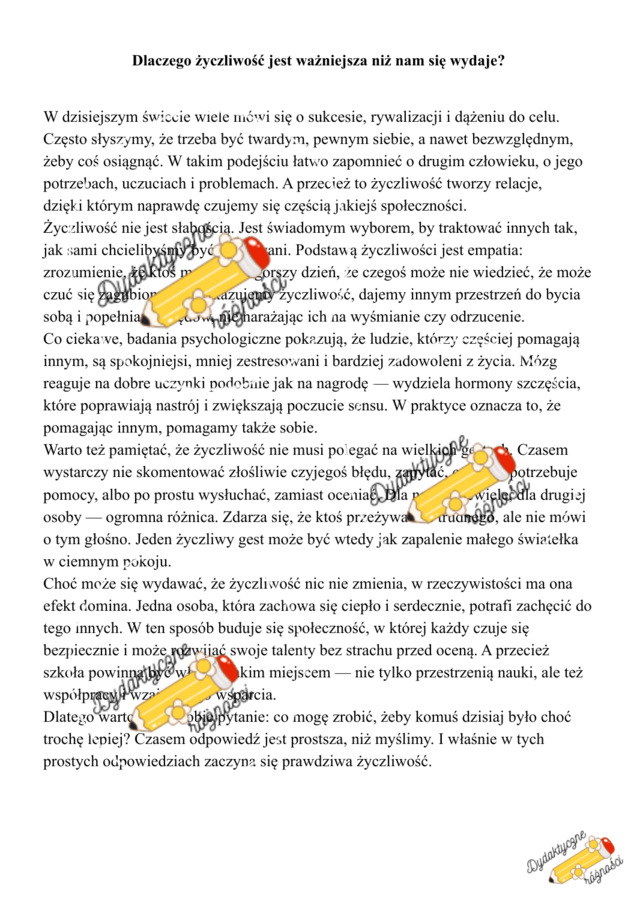 Lekcja wychowawcza kl. 6-8 "Dlaczego życzliwość jest ważniejsza niż nam się wydaje?"