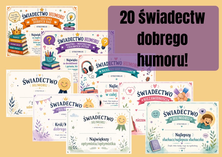 Mega Pakiet Świadectw Humoru – 20 Certyfikatów i Superlatyw dla Uczniów | Klasy 4–8