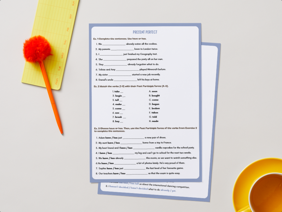 PRESENT PERFECT – Kompletny zestaw zadań: Zdania twierdzące, przeczenia, pytania, writing + BONUS: Wykreślanka & krzyżówka Past Participle | A2–A2+