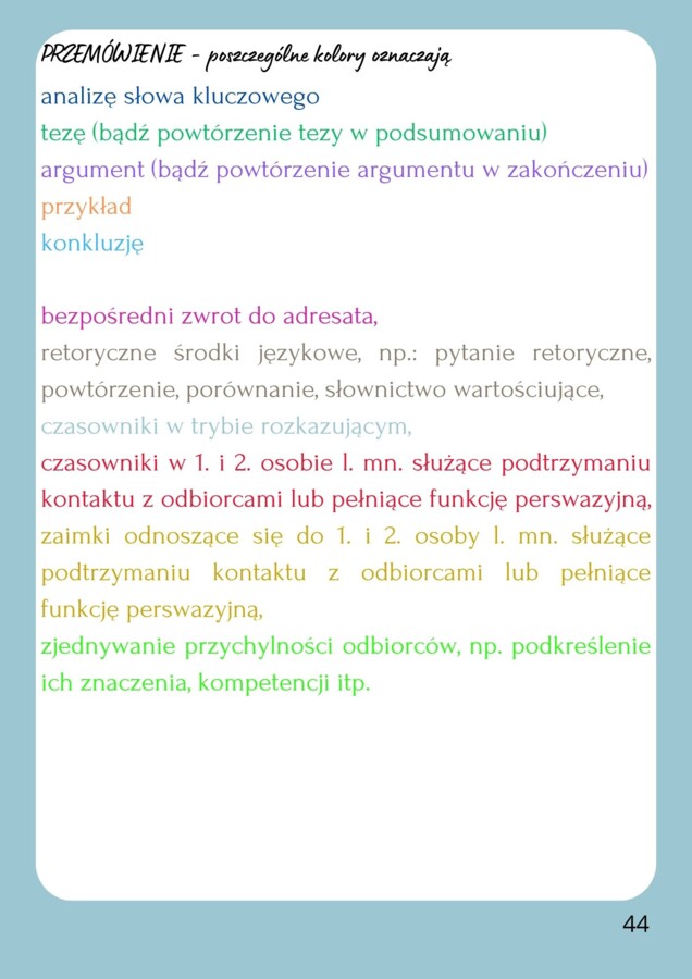 Wzorcowe formy wypowiedzi - przemówienia, rozprawki, opowiadania twórcze. Przykładowe wypracowania z analizą kolorystyczną. Egzamin ósmoklasisty