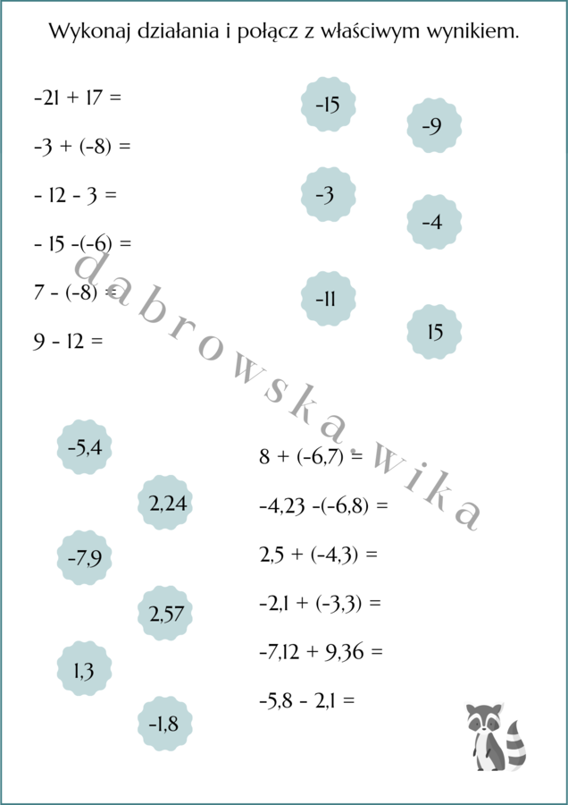 Liczby ujemne - karta pracy