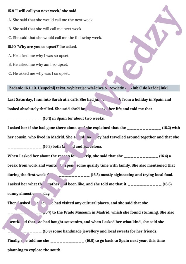 MOWA ZALEŻNA - E8– Zbiór zadań do egzaminu ósmoklasisty z języka angielskiego. Poziom A2/A2+ – 20 STRN ZADAŃ, zamiana zdań na mowę zależna, poprawna składnia, zmiany czasów, wypełnianie luk w tekście, tworzenie własnych zdań i historii + ODPOWIEDZI